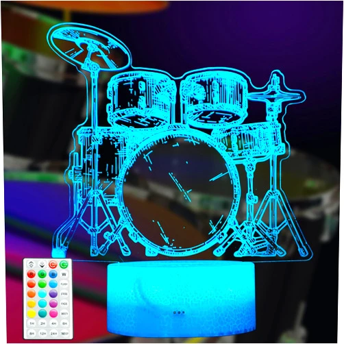 POSSHE Drum Night Light, Drummer Gifts, Drum 3D Illusion Lamp, 16 Colors Changing, Timer, 4 Flash Modes and Dimmable Kids Room Musical Instrument Shop Music Decoration