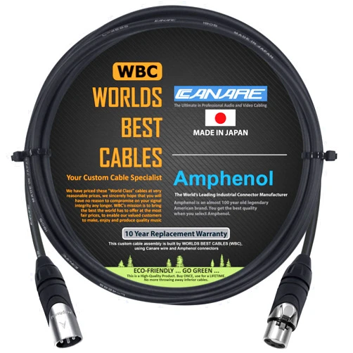 WORLDS BEST CABLES 6 Foot - Canare L-4E6S, Star Quad Balanced Male to Female Microphone Cables with Amphenol AX3M & AX3F Silver XLR Connectors - Custom Made