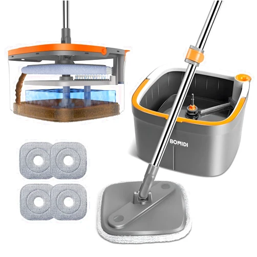 BOMIDI Spin Mop and Bucket System, Includes Dual Compartment Mop Bucket with Thick Washable Microfiber Pads for Home Cleaning (Mop Set with 4 Pads)