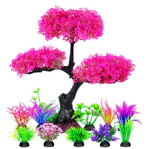 Ameliade Aquarium Artificial Plastic Plants Decoration, Pink Cherry Blossom Tree Aquarium Decor Set, Goldfish Betta Fish Tank Decorations Hides Accessories（Pink