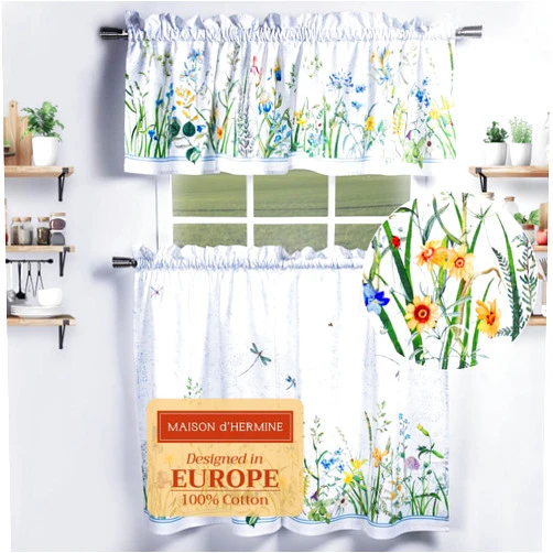 Maison d' Hermine Maison d'Hermine Kitchen Curtains Sets for Windows 100% Cotton Set of Kitchen Curtains Valances for Cafe Home [2 Tiers (28