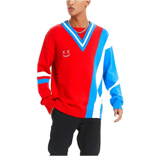 GOLYOY Sweaters for Men Techwear Hip Hop V Neck Sweater Men Casual Oversized Pullover Sweater Patchwork Streetwear Fashion