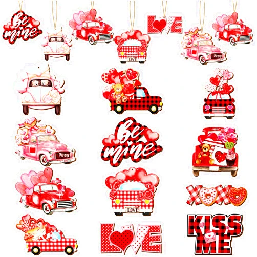 Yalikop 36 Pieces Valentine's Day Truck Tree Ornament Red Truck Love Kiss Me Be Mine Xoxo Hanging Wooden Decor Pickup Truck Decoration for Love Tree Valentine's Day Wedding Decoration with Burlap Rope