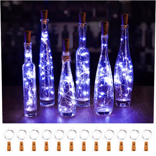 Brightown Wine Bottle Lights with Cork, 10 Pack 20 LED Waterproof Battery Operated Cork Lights, Silver Wire Mini Fairy Lights for Liquor Bottles DIY Party Christmas Wedding Décor, Pure White