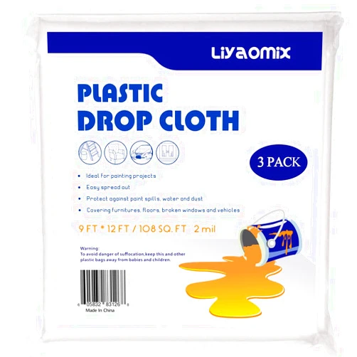Liyaomix 3-Pack 2 Mil Plastic Drop Cloth for Painting 9ft x 12ft, Heavy Duty Plastic Painters Drop Sheet, Waterproof Plastic Painting Tarp for Floor Covering