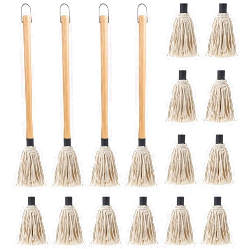 DIVINA VITAE 4Pcs BBQ Mop Brush Grilling Basting Mop Wooden Long Handle BBQ Mop Set with 12Pcs Replacement Heads for Basting Steak Marinade Sauce(18.3inch)