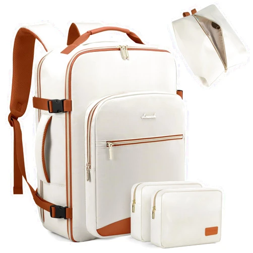 LOVEVOOK Travel Backpack for Women Men as Personal Item Flight Approved, 40L Luggage Carry On Backpack,17.3inch Large Daypack Laptop Backpack Waterproof Outdoor Sports with 3 Packing Cubes,Beige-Brown