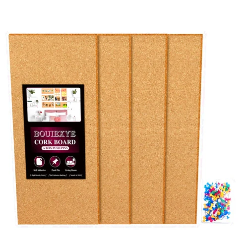 Bouiexye Cork Board 17 X 8 inch Self Adhesive Corkboards for Wall School Home Office 4 Pack Bulletin Boards with 100 Push Pins
