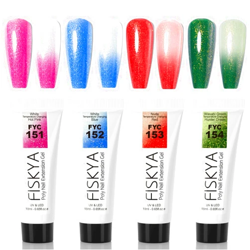 Fiskya Poly Gel Nail Kit, 4 Colors 18g/tube White Glitter Temperature Color Changing Colors Nail Builder Gel Nail Enhancement Gel Kit Gradation Nail for Home DIY Nail Manicure Art