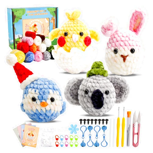 Tokidaring Crochet Kit for Beginners, Crochet Starter Kit with Step-by-Step Video Tutorials and Yarns, DIY Beginner Crochet Kit for Adults Animals Supplies for Adults Kids Beginners (4 Pcs Chenille Set)