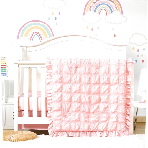 Cloele 3 Pieces Crib Bedding Set for Girls Standard Size Baby Bedding Set - Solid Seersucker Ruffle Quilt Set includes Comforter Fitted Sheet Crib Skirt - Girls Pink Ruffled Nursery Set Baby Crib Set