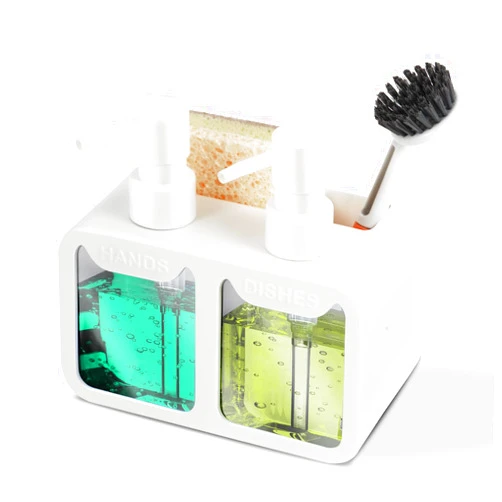 Eavida Kitchen Soap Dispenser Set, with Hand and Dish Soap, Sponge Caddy and Brush Holder 4-in-1 Kitchen Dual Soap Dispenser Set for Kitchen Sink, Bathroom - White