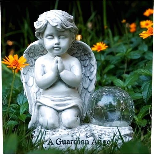 Foreby Angel Decor Praying Cherubs Statue Garden Decor, Angel Garden Figurines Outdoor Decoration,Baby Angel Garden Statue with Solar Crackle Glass Globe for Lawn Patio Decorations