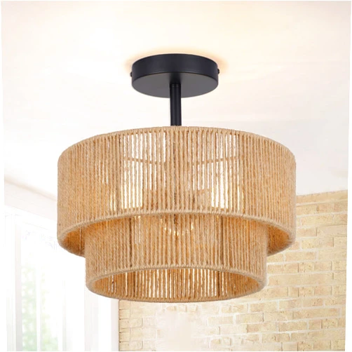 Fenluster 12.6'' Boho Light Fixtures Ceiling Mount, Coastal Hemp rope Semi Flush Mount Ceiling Light Fixture,3-Light Rustic Rattan Ceiling Light With 2-Tier Drum Shade, Nursery Light Fixture Bedroom Chandelier