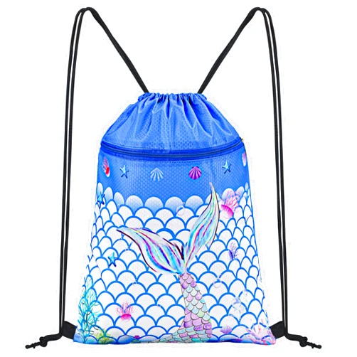 CHEPULA Drawstring Gym Bag, Large Sports Backpack String Swim Drawstring PE Bags for Women Men, Waterproof Travel Beach Bag Mermaid Blue