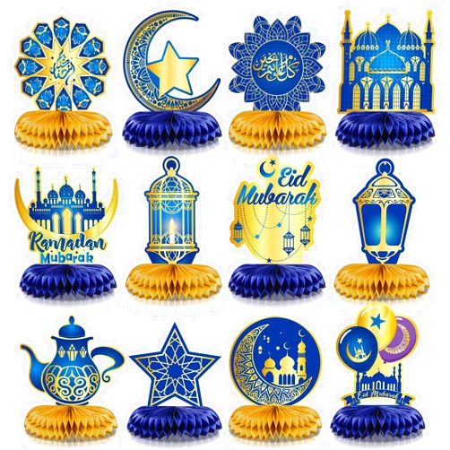 Faccito 12 Pcs Ramadan Mubarak Decorations Eid Mubarak Honeycomb Centerpieces Decor Blue and Gold Moon Star Lantern Table Toppers Supplies for Eid Al Fitr Party Muslim Islamic Holiday Favors