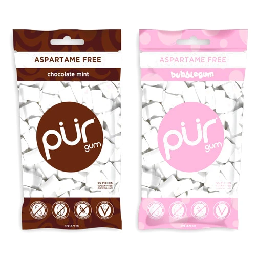 PUR Gum Aspartame-Free Bubblegum and Chocolate Mint, 2.72 Ounces each