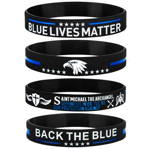 Sainstone Blue Lives Matter Thin Blue Line Back The Blue Silicone Bracelets with St Michael The Archangel Prayer, American Flag - Support Law Enforcement Inspirational Gifts for Police Cops
