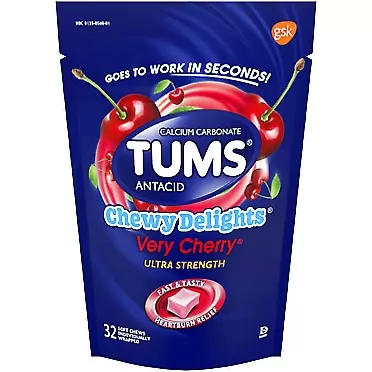 TUMS Chewy Delights Antacid Relief Calcium Soft Chews, Very Cherry Flavour, Ultra Strength, 32 ct