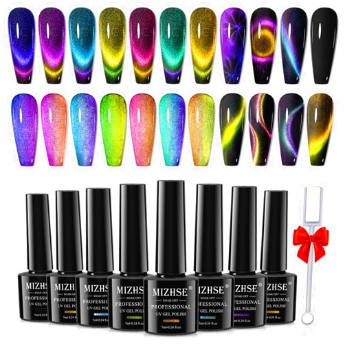 MIZHSE 8 Colors 9D Cat Eye Gel Nail Polish, Upgraded Magnetic Gel Polish Kit with Magnet Stick, Galaxy Chameleon Effect Silky Cat Eye Nail Polish Soak Off Nail Art Salon Manicure Home Ladies Gift