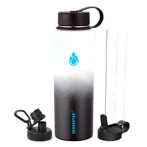 SENDESTAR Stainless Steel Water Bottle,2 or 3 Lids(18 oz, 24oz,32 oz,40 oz or 64oz),Double Wall Vacuum Insulated Leak Proof, Wide Mouth with Straw Lid,Spout Lid (32 oz, 32 oz-Day/Night (3 LIDS))