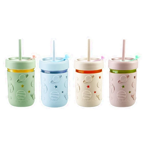 PandaEar 4 Pack Kids & Toddler Glass Cups, Glass Mason Jar Cups 8.45 oz with Silicone Sleeves & Straws, Toddler Spill-Proof Smoothie Cups