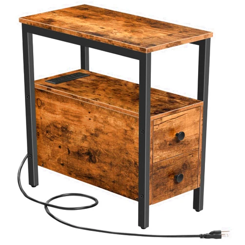 HOOBRO End Table with Charging Station, Narrow Side Table with 2 Drawer & USB Ports & Power Outlets, Nightstand for Small Spaces, for Living Room, Bedroom, Rustic Brown and Black BF541BZ01
