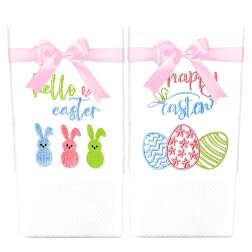 Whaline 2Pcs Easter Hand Towels Cotton Embroidered Colorful Eggs Bunny Bathroom Towel with Pink Ribbon Spring Rabbit Dish Towel for Hand Drying Cleaning Cooking Gift
