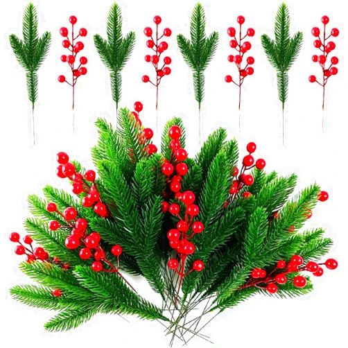 RONYOUNG 32PCS Artificial Pine Branches Christmas Holly Berries Artificial Red Berry Stems for Christmas Wreath Decorations Xmas Tree Decoration