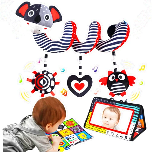 SIVEIS High Contrast Baby Toys for Newborn,3 Pack Tummy Time Toys for Babies 3-12 Month,White and Black Car Seat Toys & Spiral Stroller Toys/Infant Tummy Time Mirror/Crinkle Sensory Toys