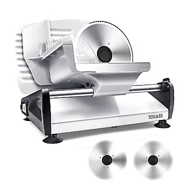 TOKASS Meat Slicer, TOKASS 200W Electric Deli Food Slicer with Two Removable 7.5’’ Stainless Steel Blades and Food Carriage, 0-15mm Adjustable Thickness Meat Slicer for Home, Food Slicer Machine- Silver