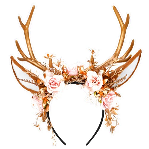MOSTORY Handmade Gold Flower Antler Headband - Woodland Floral Reindeer Headpiece with Deer Ears Forest Fairy Hairband for Women Girls Renaissance Halloween Cosplay Party Prom Photo Props Pink Rose