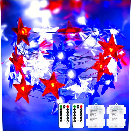 kolpop 4th of July Decorations Red White and Blue Lights [2 Pack] 50 LED Stars Fairy Lights, Battery Operated Patriotic Lights Waterproof for Indoor Outdoor Home Garden Cart Memorial Day Decorations