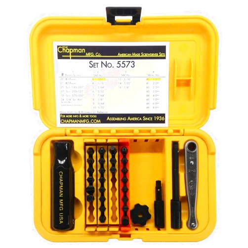 DAONEG Chapman MFG 5573 Deluxe Standard Screwdriver Set - 30 Pieces - Includes Phillips, Slotted, SAE & Metric MM Hex Bits, Complete Set Offers 24 USA Made Insert Bits, Mini Ratchet Hand Tool + Open Slots