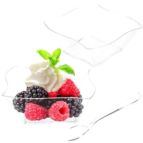 TOFLEN 100ct 5 oz Small Plastic Dessert Cups with Spoons, Clear Appetizer Cups for Parties Mini Serving Bowls, Hors D'oeuvres Plates