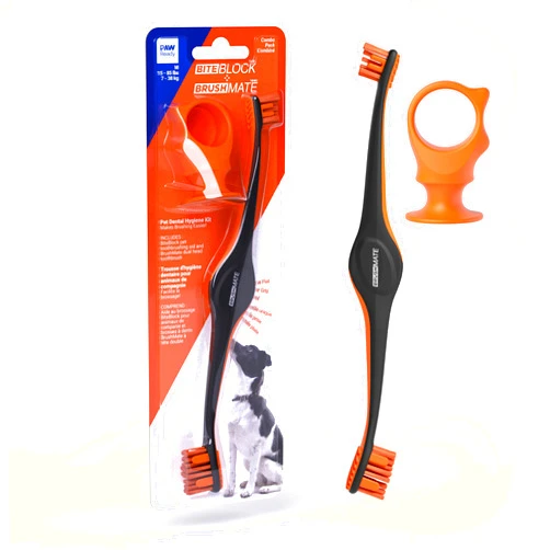 Brushmate Dog Toothbrush and Bite Block Assistant (Protects Hand and Fingers) Combo Pack by Paw Ready for Puppies' Dogs and Cats Medium Size for use with Pets Between 15-85 lbs. (7-38.5 Kg).