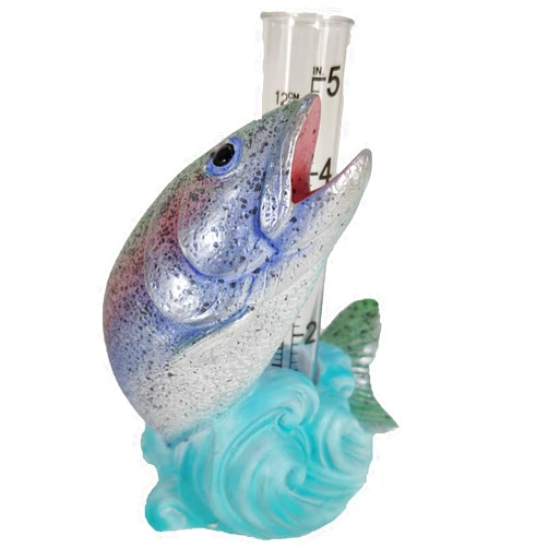 The Crabby Nook Small Rain Gauge Outdoor Garden Decor Guage for Deck or Yard Rain Water Catcher Gages Outdoors (North American Rainbow Trout)