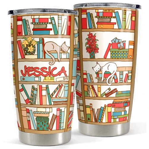 SANDJEST Personalized Book Tumbler Cats And Books 20oz 30oz Tumblers with Lid Gift for Women Girl Daughter Sister Mom Cat Lovers Book Lovers Christmas Birthday
