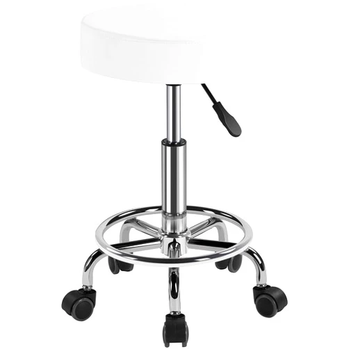 Yaheetech Rolling Stool Adjustable Stool Chair with Wheels Small Round Stool Shop Tattoo Chair with PU Leather Cushioned Seat and Foot Rest, White