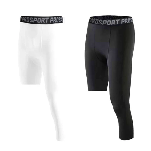 FIHOLL 2 Pack Men’s Compression Pants One Leg 3/4 Capri Tights Leggings Athletic Base Layer for Gym Running Basketball, White+black (Left 3/4), X-Small