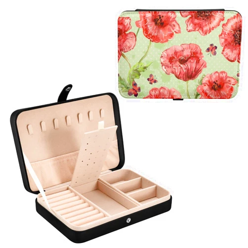 DOMIKING Watercolor Poppies Butterfly PU Leather Jewelry Box with Button Ring Necklace Organizers Gift for Women Girls Men Travel Jewelry Storage Display Case for Ring Earring Necklace Bracelet