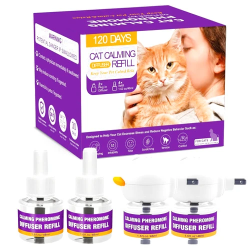 ROULU Cat Calming Pheromone Diffuser Kit, Long-Lasting Stress & Anxiety Relief, Reduces Fighting, Spraying & Scratching, Safe & Drug-Free Comfort for All Cats and Kittens 2 Plug-Ins + 4 Refills (48ml Each)
