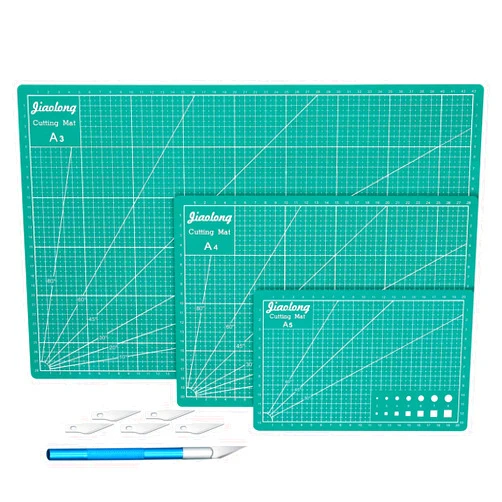 Tanstic 9Pcs A3 A4 A5 Self Healing Sewing Mat with Precision Carving Craft Knife and Blades, Craft Cutting Board Cutting Mat Double Sided Quilting Crafts Mat Table Protector Cut Mat (Green)