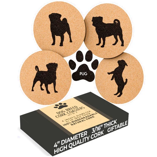 Greenline Goods Pug Lovers Cork Drink Coasters - Set of 4 With Protective Bottom | Dog Decor for Drinks | Great Gift Idea for Pug Moms & Dads