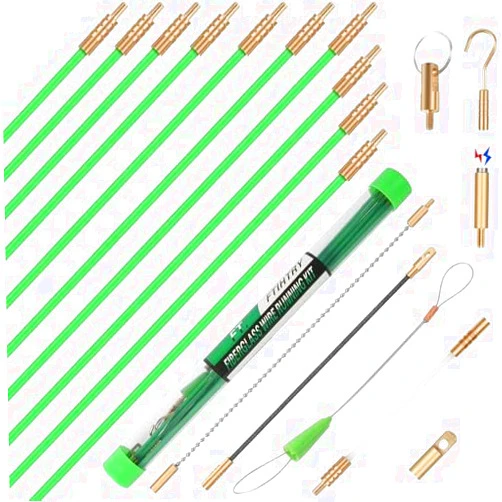 FTIHTRY 14FT Fiberglass Running Electrical Wire Cable Glow Rods Wire Pulling with 8 Different Attachments, Fish Rods Electrical Kit and Fish Tape Wire Puller