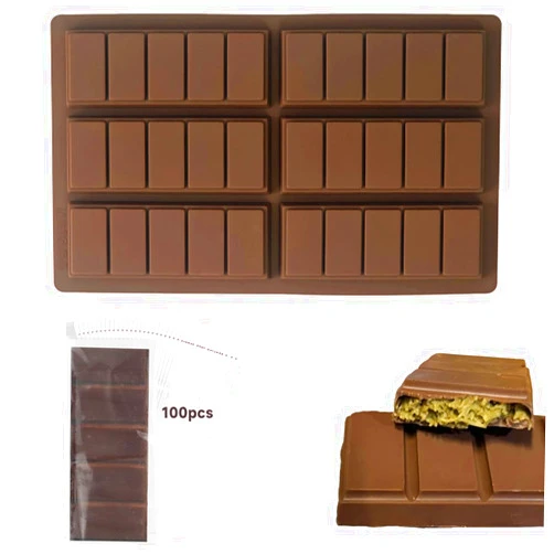 Apiocmy Silicone Chocolate Bar Mold Deep - 6 Cavities Rectangle Wax Melt Molds with 100Pcs Bags, Easy Release for Chocolate Bar, DIY Wax Melt