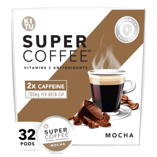 SUPER COFFEE KITU SUPER COFFEE Pods, Energy & Immunity (2x Caffeine, Vitamins, Antioxidants) [Mocha] 32 Count | Keto Coffee Pods Compatible with Keurig 2.0 K-Cup Brewers