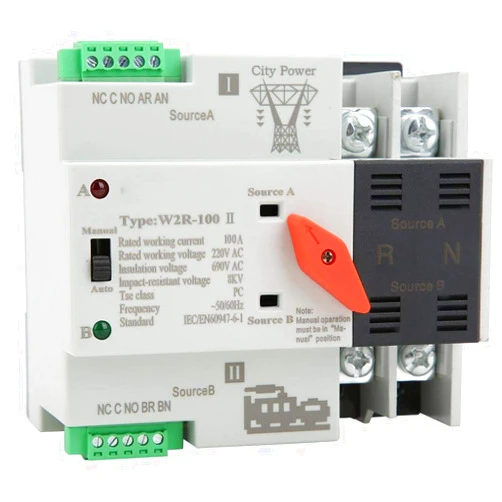 Jeanoko W2R-100 Reliable Dual Power Automatic Transfer Switch Din Rail Mounted Rated 400V 2P 100A 50Hz Power Transfer Switch for PZ30 Distribution Boxes