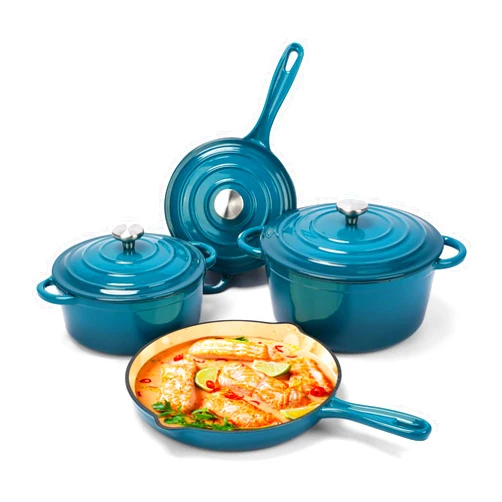 Hisencn Enameled Cast Iron Cookware Set, 7 Piece Set of Dutch Ovens, Sauce Pan, Skillet, 3 Lids, Dutch Oven Set, Nonstick Ceramic Coated, Gas/Induction Compatible, PFA Free, Come with Organizer, Biscay Blue
