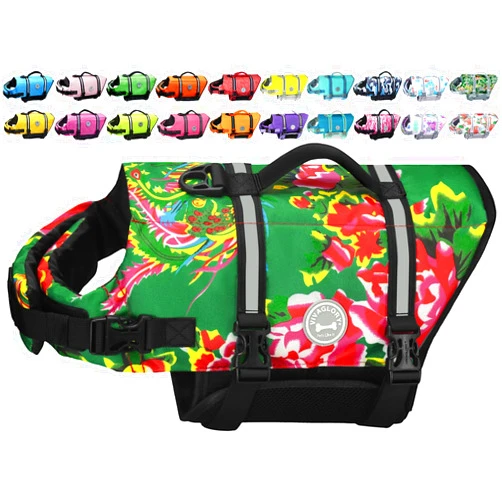 VIVAGLORY Ripstop Dog Life Jacket for Small Medium Large Dogs Boating, Dog Swimming Vest with Enhanced Buoyancy & Visibility, Northeast Florals-Green